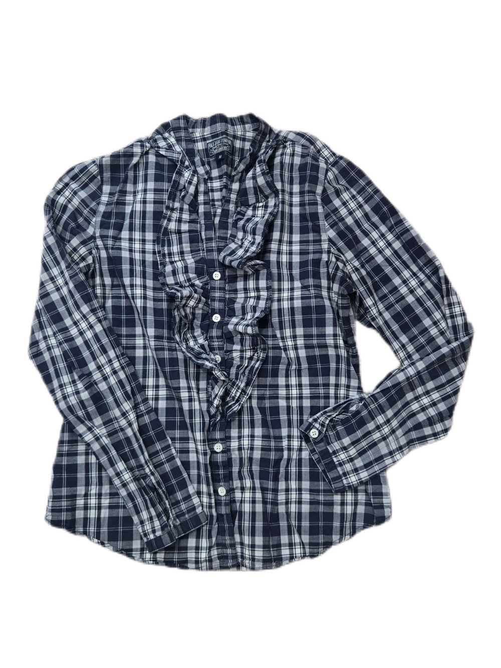 Polo Jeans Company by Ralph Lauren Navy & White Plaid Ruffle Front V-neck Button